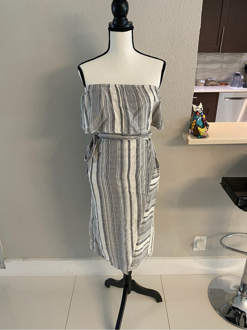 lovestitch Strapless Midi Dress in Gray and White Stripes